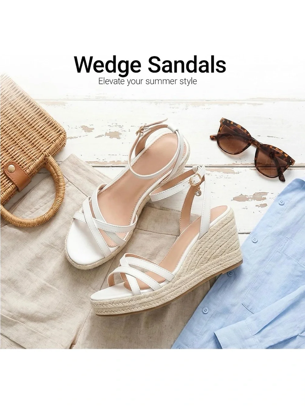 Women’s White Espadrille Wedge Sandals - Strappy Ankle Tie